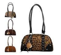 Vintage Style Faux Suede Shoulder Bag for Women, Retro Brown Boston Purse with Zipper Closure and Baseball Charm (leopard print)