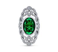 Vintage Style Filigree Emerald Green Oval CZ Full Finger Ring Simulated Emerald Silver Plated Brass - Statement Jewelry