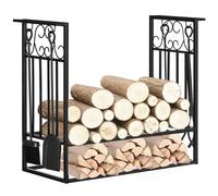 Vintage Style Firewood Log Rack Holder w/ Shovel Broom Poker Tong Tools Hooks