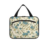 Vintage Style Floral Pattern Blue Roses Hanging Travel Toiletry Bag Hanging with Hook, Designer Waterproof Makeup Bag for Essentials for Women Backpacking maletín para maquillaje L