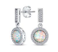 Vintage Style Gemstone Cubic Zirconia Halo CZ Round Solitaire Created Opal Drop Earrings For Women .925 Sterling Silver October Birthstone