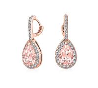 Vintage Style Halo Simulated Pink Morganite Roe Cubic Zirconia AAA CZ Fashion Formal Dangle Drop Teardrop Earrings For Women Prom Bridesmaid Wedding Rose Gold Plated