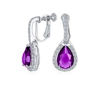 Vintage Style Halo Simulated Purple Amethyst Cubic Zirconia AAA CZ Fashion Dangle Drop Teardrop Screw Back Clip On Earrings For Women Prom Bridesmaid Wedding Silver Plated