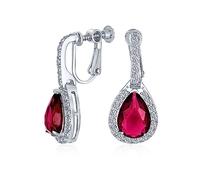 Vintage Style Halo Simulated Red Ruby Cubic Zirconia AAA CZ Fashion Dangle Drop Teardrop Screw Back Clip On Earrings For Women Prom Bridesmaid Wedding Silver Plated
