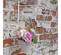 Vintage Style Hanging Planters Flower Pots Welcome Sign Rustic Metal White Removable Bucket (Welcome Planter White)