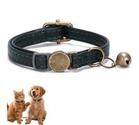 Vintage Style Leather Breakaway Cat Collar, Personalized Leather Cat Collar Breakaway with Bell for Cats and Small Pets, Adjustable Customized Collar (Green)