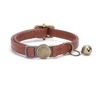 Vintage Style Leather Breakaway Cat Collar with Bell and Engraved Buckle, Personalized Reflective Engraved Cat Collar, Leather Cat Collar Extra Small, For Kittens and Small Cats (Brown)