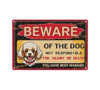 Vintage-Style Metal Tin Sign - Beware of Dog Poodle Humorous Warning Sign with Distressed Red Border, 8x12 Inch Rustic Wall Decor for Yard, Fence, Farm, Kitchen, Garden - Funny Pet Owner Gift