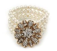 Vintage Style Multistrand White Faux Glass Pearl Flower Motif Flex Bracelet - Size M/L