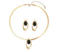 Vintage-style oval buckle pendant necklace and earring set, Triple Ring (Black,One)