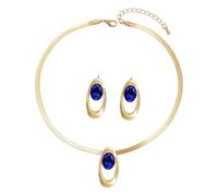Vintage-style oval buckle pendant necklace and earring set, Triple Ring (Blue,One)