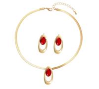 Vintage-style oval buckle pendant necklace and earring set, Triple Ring (Red,One)