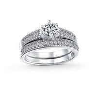 Vintage Style Personalized Round Solitaire 6 Prong Milgrain AAA CZ Pave Anniversary Engagement Wedding Band Ring Set For Women .925 Sterling Silver Customizable