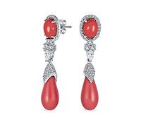 Vintage Style Pink Orange Teardrop Round Simulated Coral CZ Prom Statement Dangle Earrings For Women Silver Plated Brass