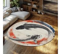 Vintage Style Round Rug 150cm Yin Yang Good Luck Koi Fish Non-Slip Indoor Washable Throw Circle Carpet for Mudroom Apartment Home Nursery