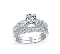 Vintage Style Round Solitaire Filigree AAA CZ Engagement Wedding Band Ring Set for Women .925 Sterling Silver