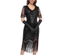 Vintage Style Sequin Beaded Fringe Dress 1920s Gatsby Flapper Dresses with Fringe Hem Sheer Mesh Flutter Ruffle Short Sleeve Bodycon Dress for Luxury Banquet Cocktail Evening Party Black
