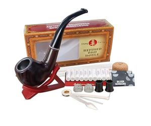 Vintage Style Smoking Pipe Tobacco Set with Cleaning Tools & Accessories | Bakelite & Metal Tobacco Pipe, Faux Wood Filter Pipe, Pipe Stand, Tamper, Cleaners | Complete Kit for Pipe Smokers (L)