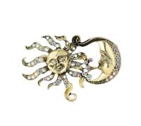Vintage Style Sun and Moon Crystal Brooch, Gold Tone, Celestial Design