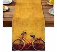 Vintage Style Table Runner, Red Bike Yellow Broken Walls Modern Scenery Cotton and Table Linen Runner for Kitchen Dining Home Decor for Party Festival Holiday Decoration Gift 13x36in