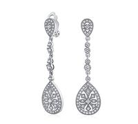 Vintage Style Teardrop Shaped Cubic Zirconia Prom Statement Chandelier Clip On Earrings Silver Plated Brass