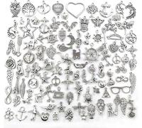 Vintage Style Tibetan Silver Charm Collection, 100 Pieces Mixed Pendant Set for DIY Jewelry Making, Bracelet Crafting with Hearts, Stars, Animals, Nature Designs