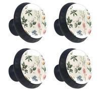 Vintage Style Various Wildflowers and Plants Cabinet Knobs, 35mm Round Glass Knobs for Dressers and Drawers, Decorative Handles Pulls for Home Kitchen Bedroom, 4 Pack