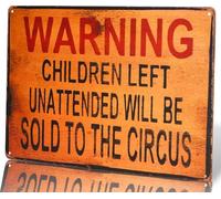 Vintage-Style Warning Sign, Humorous Children Left Unattended Message, Orange Metal Wall Decor