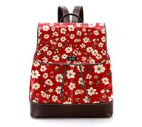 Vintage-Style White Ditsy Floral and Leaves Pattern Women Laptop Backpack, PU Leather Daypack Fashion Rucksack Travel Shoulder Bag