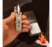 Vintage Stylish Cross Design Lighter, Cool Lighters with Adjustable Flame Dial, Antique Silver Knurling Black with Gold Design Gift, Butane Refillable for Men/Husband (Black Cross)
