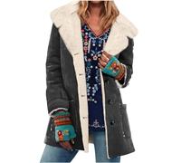 Vintage Suede Jacket Women Faux Suede Shearling Jacket Sherpa Lined Trench Coats Button Down Lapel Windbreak Outwear Solid Cashmere Fleece Winter Warm Coats Short Casual Fleece Dark Grey XXL