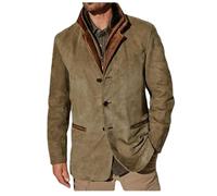 Vintage Suede Men's Double-Layer Blazers with Fur Lapels, Leather Collar, Medium Length, Outdoor Blazer for Autumn and Winter, khaki, M
