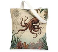 Vintage Summer Ocean Octopus Canvas Tote Bag for Shopping 13 * 15, Nautical Coastal Sealife Reusable Grocery Bag for Women, Tropical Beach Aesthetic Painting Gift Decor