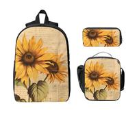Vintage Sunflower Bee Backpack Set for Girls Boys with Lunch Bag Pencil Case Yellow Floral 3 Pieces School Bags Insulated Lunchbox Gifts for Women Men