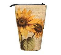 Vintage Sunflower Bee Standing Pencil Case Yellow Floral Pen Pouch Holder Telescopic Pencil Bag Pop Up Cosmetics Bag Stationery Organizer for School Office Travel