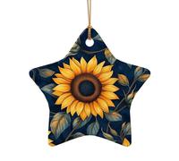 Vintage Sunflower Leaves Ceramic Christmas Tree Ornament, Double-Sided Printed Star Shape Porcelain Hanging Decoration, Elegant Holiday Keepsake for Xmas Tree Home Office Gift Exchange