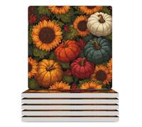 Vintage Sunflower Pumpkin Square Ceramic Coasters Set of 6 with Cork Backing Colorful Autumn Heat Resistant Drink Coaster Heat Resistant Kitchen Bar Pads for Mugs Glasses