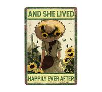 Vintage Sunflower She Lived Happily Ever After Sign Metal Tin Sign Funny Wall Decor Inspirational Retro Poster For Apartment Living Room Bedroom Cafe Gifts 8x12in