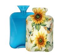 Vintage Sunflowers Butterflies Hot Water Bottle with Cover, 2L PVC Hot Water Bag for Pain Relief, Hand Foot Warmer, Hot & Cold Therapy with Removable Cover, Gift for Women Kids Family