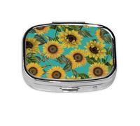 Vintage Sunflowers On Teal,Meta Pill Box 2 Compartment Medicine Case,Portable Organizer,Rectangle Meta Portable Organizer Pill Box 2369 Compartment Medicine Case