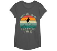 Vintage Sunset Don't Follow Me I Do Stupid Things Ski T-Shirt, Girls, Asphalt Grey, Small