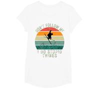 Vintage Sunset Don't Follow Me I Do Stupid Things Ski T-Shirt, Girls, White, Medium