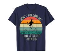 Vintage Sunset Don't Follow Me I Do Stupid Things Ski T-Shirt, Men, Navy Blue, X-Large