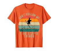Vintage Sunset Don't Follow Me I Do Stupid Things Ski T-Shirt, Men, Orange, 3X-Large