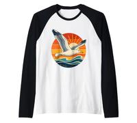 Vintage Sunset Seagull Ocean Wave Beach Art Raglan Baseball Tee