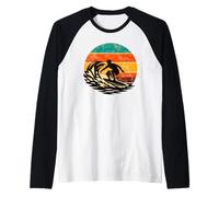 Vintage Surfer Sunset Wave Retro Beach Ocean Silhouette Raglan Baseball Tee