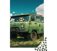 Vintage SUV Cat 1000 Piece Precise Interlocking Fit Cartoon Adventure Style Gift for Adults Lettered Back Pieces Social Gathering Game Zero-gap Fit 52x38cm/1000pcs