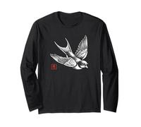 Vintage Swallow Kanji Stamp Design, Japanese Minimalist Bird Long Sleeve T-Shirt