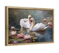 Vintage Swans Framed Wall Art Romantic White Swans Couple Canvas Pictures Nature Lotus Floral Wall Decor Water Lily Painting Farmhouse Artwork for Bedroom Living Room Hallway Home Decorations 30x40cm