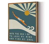 Vintage Swimming Print Canvas Wall Art Poster, Diver Into the Sea I Go to Lose My Mind and Find My Soul Painting Framed for Home Decoration 12 x 15 inch
